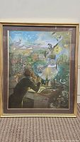 Full view of framed foil art print showing man at desk and fantasy dreamscape with various mythical and natural elements.