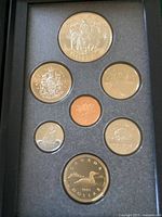 Overview photo of the seven Canadian coins displayed in a protective black case.
