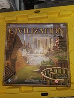Front cover of the Civilization board game box showing detailed artwork of ancient to modern buildings and a sphinx statue.