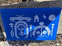 Top view of a blue box with printed gold-covered traditional Indian wedding jewelry pieces laid out for reference.