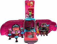 Pink and purple foldable LOL Surprise playhouse with multiple LOL dolls arranged inside and on stools