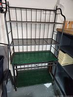 Front view of the metal plant stand, showing its three shelf levels and black metal frame.