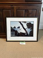 Framed photograph print of a coastal scenic view with silhouetted trees and rock formations in the water.