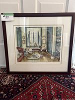 Framed limited edition print titled "Playroom Sentry" by Trisha Romance, showing the full artwork and frame against a carpet backdrop