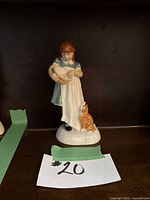 Front and side views of the Royal Doulton 'Childhood Days' figurine showing the young girl holding a bowl with a small dog at her side.