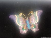Single photo of ladies enamel butterfly brooch showing multicolor enamel work and gold-tone metal