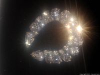 Close-up image of a horseshoe-shaped brooch adorned with multiple clear rhinestones, captured with light reflecting from some stones, creating a sparkling effect.