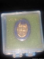 Gold filled vintage lapel pin with shield motif, mounted on green felt inside a transparent plastic display case.