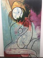 Front view of the large abstract oil painting on canvas showing the stylized human figure and colorful background.