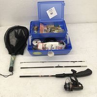 Full set showing tackle box, fishing rod with reel, and black fishing net