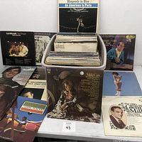Photo showing the plastic tub filled with vinyl records and some records displayed around it including Vikki Carr, Perry Como, Liza Minnelli, and Glenn Miller albums.