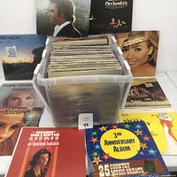 White tub filled with a large number of vinyl records viewed from above, surrounded by sample album covers like Roger Williams and country music compilation album.