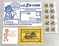 Flat lay photo showing multiple ZIP Code promotional cards and stamps: Mr. ZIP 1966 large card, small 1968 San Jose Filatelic Fiesta promo, goldenrod ZIPTOWN stamp, and block of 8 unused stamps with colorful design.