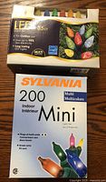 Photo of two boxed sets of multi-coloured Christmas lights: one Sylvania 200 mini indoor light set and one LED 35 count outdoor set with coloured bulbs and green wiring.