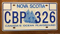 Front side view of Nova Scotia license plate CBP 326 showing design and text clearly.