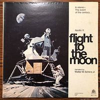 Front cover of Apollo 11 Flight to the Moon record showing lunar module, astronaut, and Earth with title and narrator details