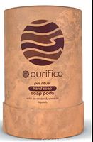 Close-up of a single cylindrical container showing brand Purifico, product name Pur Ritual Hand Soap Pods with lavender & shea oil, contains 4 pods.