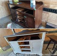 Before and after painting of wooden sideboard, showing refinishing demonstration