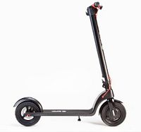 Full side view of upright scooter showing frame, deck, wheels