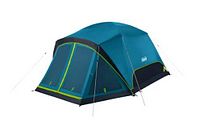 Full view of assembled blue and black Coleman Skydome tent with neon green trim showing main tent and attached screen room with double zipper entry.