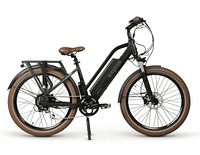 Side profile view of entire bike showing frame, tires, battery and rack