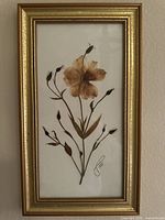 Full view of the framed pressed flower art showing the complete flower, buds, and gold-tone metal frame.