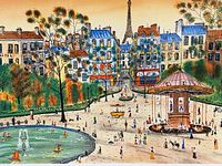 Close-up of lithograph depicting Parisian scene with Eiffel Tower, carousel, fountain, people, and buildings.