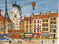 Front view of framed lithograph showing colorful Paris street scene including Statue of Liberty head, Eiffel Tower, and buildings.