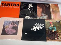 Seven vintage vinyl record albums shown in one image, arranged in two rows on a surface, displaying album cover art for Tantra, Neil Diamond, Carly Simon, Chess, and Chick Corea.