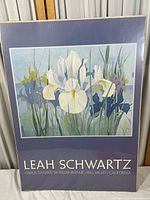 Full view of watercolor lithograph depicting white and purple iris flowers by Leah Schwartz with gallery information on matte