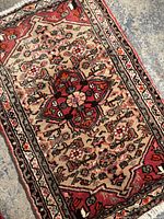 Close-up photo showing the detailed central floral medallion on the Persian Hamadan rug with beige and red background and intricate patterns.