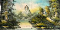 Oil painting of lake, mountain, trees, and cottage with bridge in natural setting