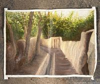 Full image of the first oil painting showing a natural outdoor scene with trees and a pathway leading to a stone structure.