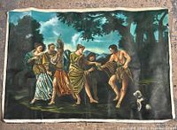 Wide view of the oil painting showing the full scene with six Roman figures and a dog, including the surrounding natural setting.