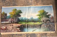 Full view of the oil painting showing a rural landscape with a pond, trees, a small hut and rocks along the edge.
