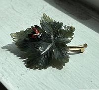 Top view of brooch showing carved dark green leaf and red enamel ladybug in sunlight.