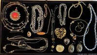 Full view of assorted jewelry arranged in a tray including bracelets, chains, earrings, beads, and pendants