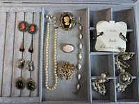 Overview of vintage jewelry lot in hinged display case showing earrings, a faux pearl necklace, bracelets, and brooches.