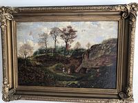 Full view of framed landscape painting depicting pastoral scene with figures, quarry, trees and sky in ornate gilt frame