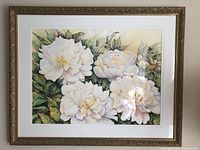 Full frontal view of framed watercolor painting showing white peonies and ornate gold frame
