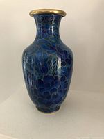 Front view of vintage Chinese cloisonne vase showing blue floral enamel with brass outlines and brass rim and base.