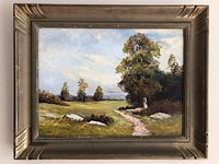 Full view of vintage oil painting framed, showing landscape artwork with trees, path, rocks and sky.