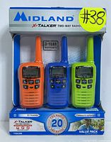 Original package of three Midland X-Talker T10X3M walkie talkies in blue, orange, and green, displaying 22 channels and 20-mile range.