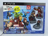Box front showing Disney Infinity 2.0 Marvel Super Heroes Starter Pack for PlayStation 3 with Iron Man, Thor, Black Widow figures illustrated.