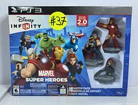 Front of Disney Infinity 2.0 Marvel Super Heroes Starter Pack box with visible figures Iron Man, Thor, and Black Widow inside plastic window, showing line art of Marvel characters and product branding.