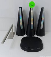 Full lot showing three black tabletop fly swatters with reflective silver stripes, stainless steel towel bar and digital kitchen scale.