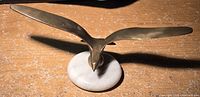 Brass seagull sculpture on a white marble round base, photo taken from a slight angle showing the bird's wingspan and base.