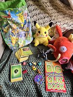 Full view of the Pokemon lot showing the drawstring bag, Pikachu and Magikarp plush toys, assorted small figures, Pokemon cards in stacks, the holographic Pokemon coin, and the Pokemon quiz book.