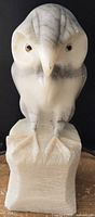 Front view of the owl soapstone carving showing detailed feather and face carving with natural stone veining.