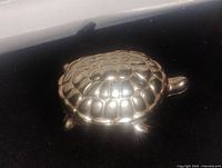 Close-up photo of gold plated turtle-shaped compact showing shell and limbs detail